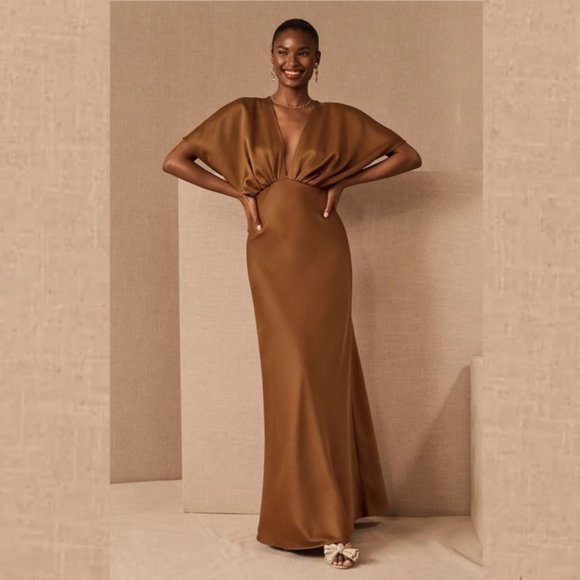 BHLDN Dresses & Skirts - BHLDN Leila Satin Charmeuse Deep V Flutter Sleeve A-Line Gown